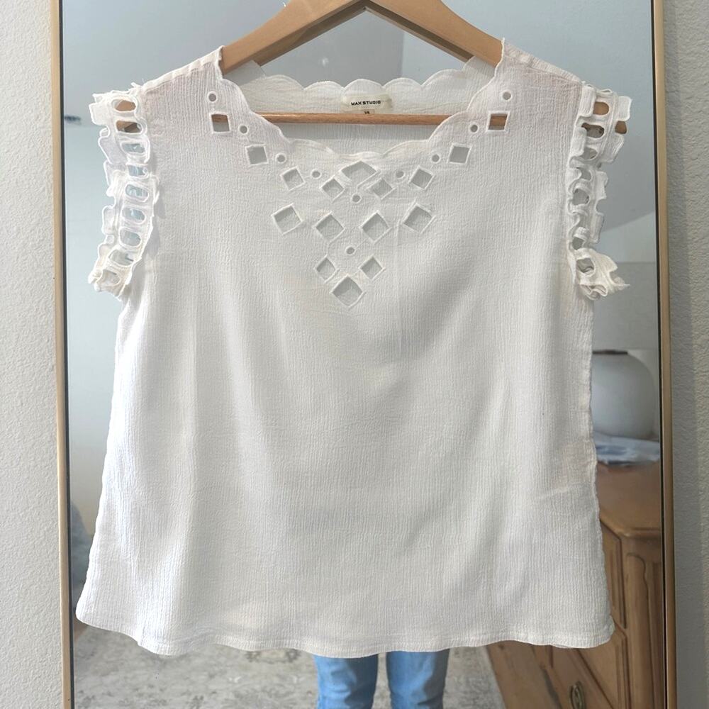 MAX STUDIO White Lightweight Crinkle texture blouse top XS